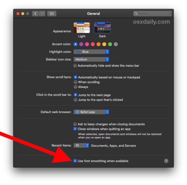 Come abilitare l'arrotondamento dei caratteri in macOS MOjave "width =" 610 "height =" 605 "class =" aligncenter size-large wp-image-78199 "/> </p>
<p> Potresti vedere immediatamente una differenza semplicemente attivando o disattivando questa impostazione e questo da solo potrebbe risolvere i problemi che stai riscontrando con i font in Mojave. </p>
<p> La GIF animata di seguito mostra l'effetto prima e dopo della semplice commutazione di questa impostazione, che ti sembra migliore dipende dallo schermo e dalle preferenze individuali, ma in questa animazione puoi vedere che l'impostazione "abilitata" ha un carattere leggermente più in grassetto che include più anti-aliasing: </p>
<p> <img decoding=